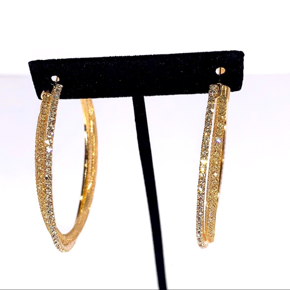 Gold Tone CZ Earrings Pierced Hoops